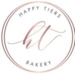 Rose gold circle with the letters HT and copy reading Happy Tiers Bakery in black on white