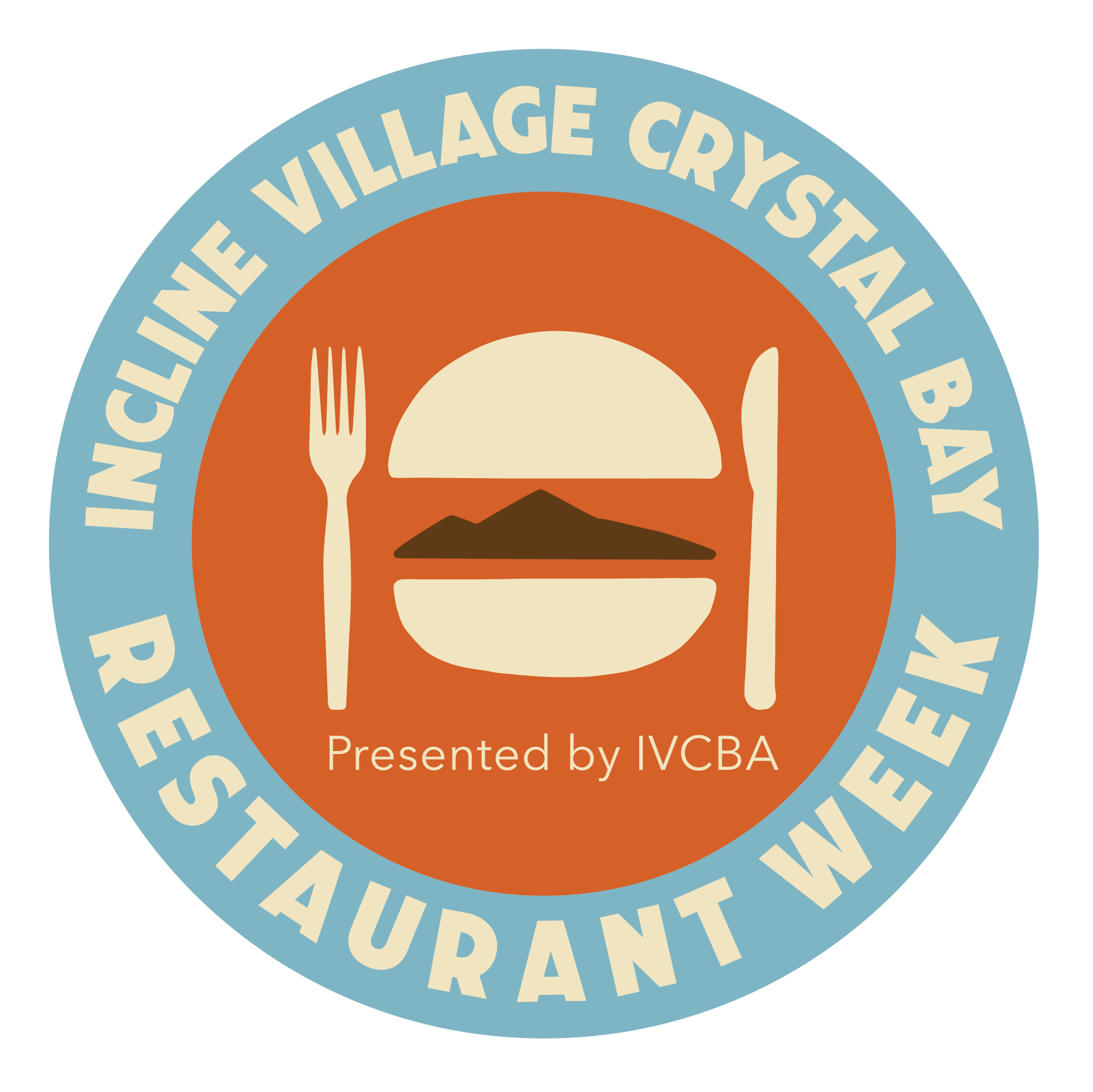 This is a logo for the Incline Village Crystal Bay Restaurant Week . It is an orange circle wth a hamburger, fork and kinife inside a larger blue circle with text.